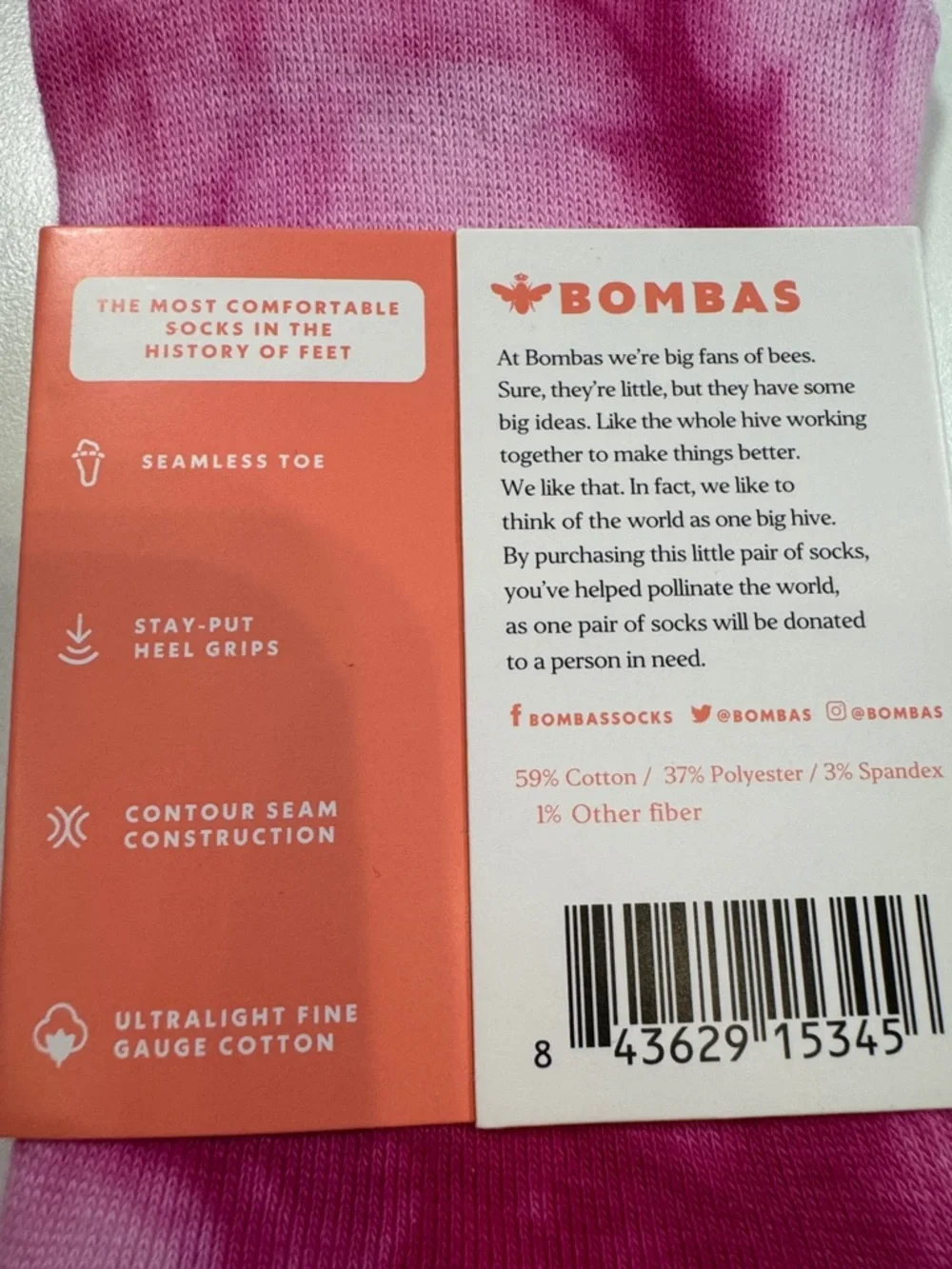 Bombas NWT Tie Dye No Show Socks 2 PR 1PR-PNK 1PR-ORG SZ: LRG Fits women 7-9